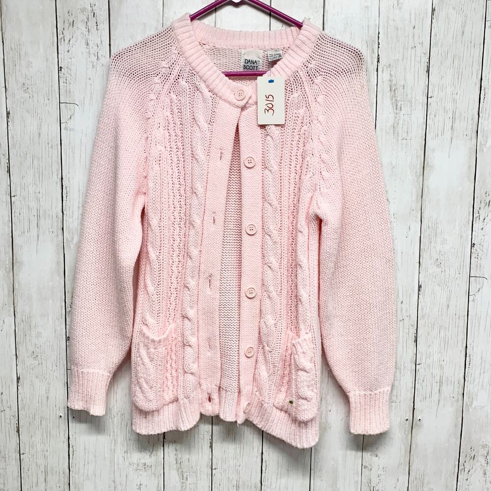 Vintage Dana Scott Sweater Women Sz Small Pink Button Front Cable Knit Cardigan